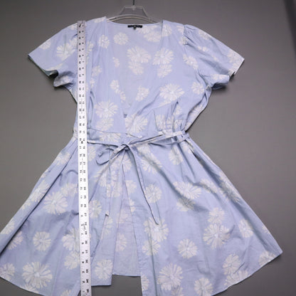 blue daisy floral wrap sundress is from Madewell and features short puff sleeves