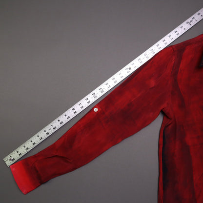 APNY brand button-up shirt features a vibrant red and pink gradient tie-dye pattern and a contrasting dark collar