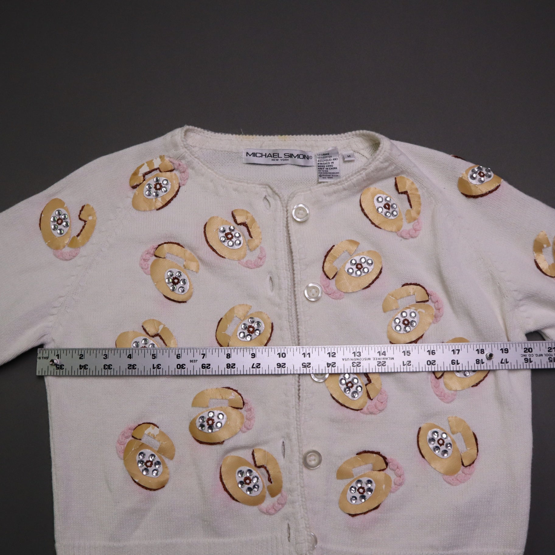 Vintage Michael Simon Sweater Women’s Small Telephone Applique Beaded Knit