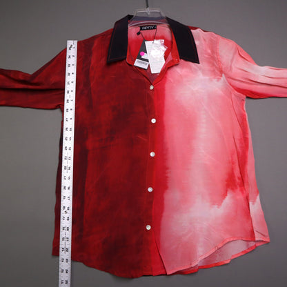 APNY brand button-up shirt features a vibrant red and pink gradient tie-dye pattern and a contrasting dark collar