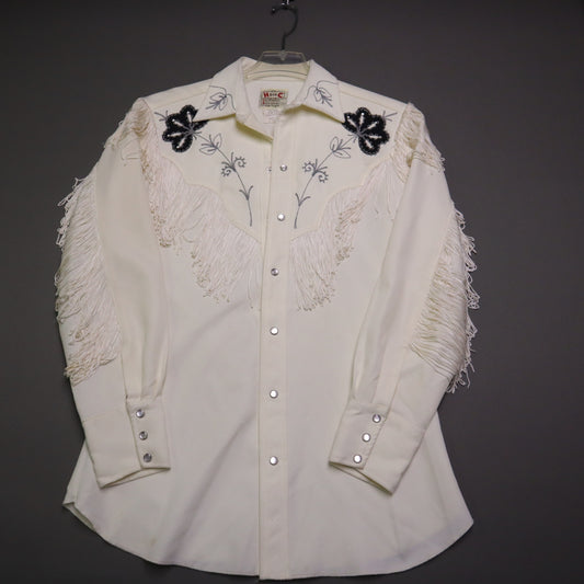 Vintage H Bar C Taos Fringe Western Shirt Cream White Embroidered Pearl Snap 15