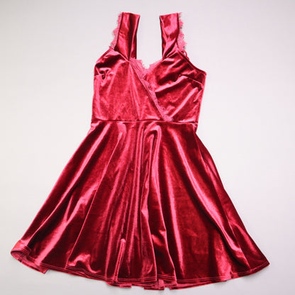Lulus Red Velvet Sleeveless Surplice Lace Trim Skater Mini Dress Medium Holiday