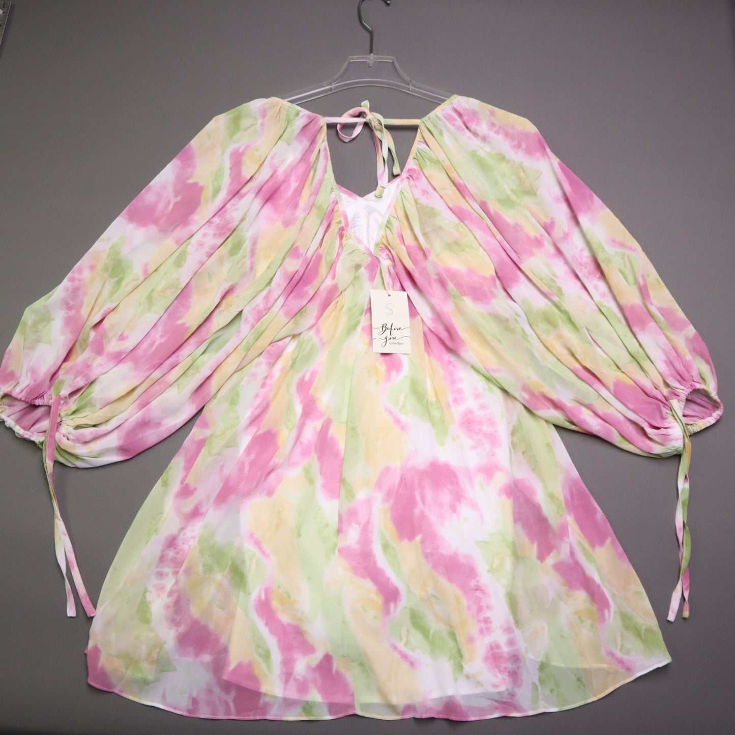 Before You Collection Watercolor Tie Dye Mini Dress Small Pink Yellow Green NWT