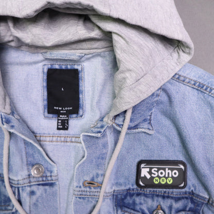 New Look Mens Hooded Denim Jacket Size L Light Wash Soho NRV Patch Sweatshirt Sleeve