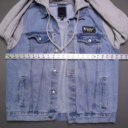 New Look Mens Hooded Denim Jacket Size L Light Wash Soho NRV Patch Sweatshirt Sleeve