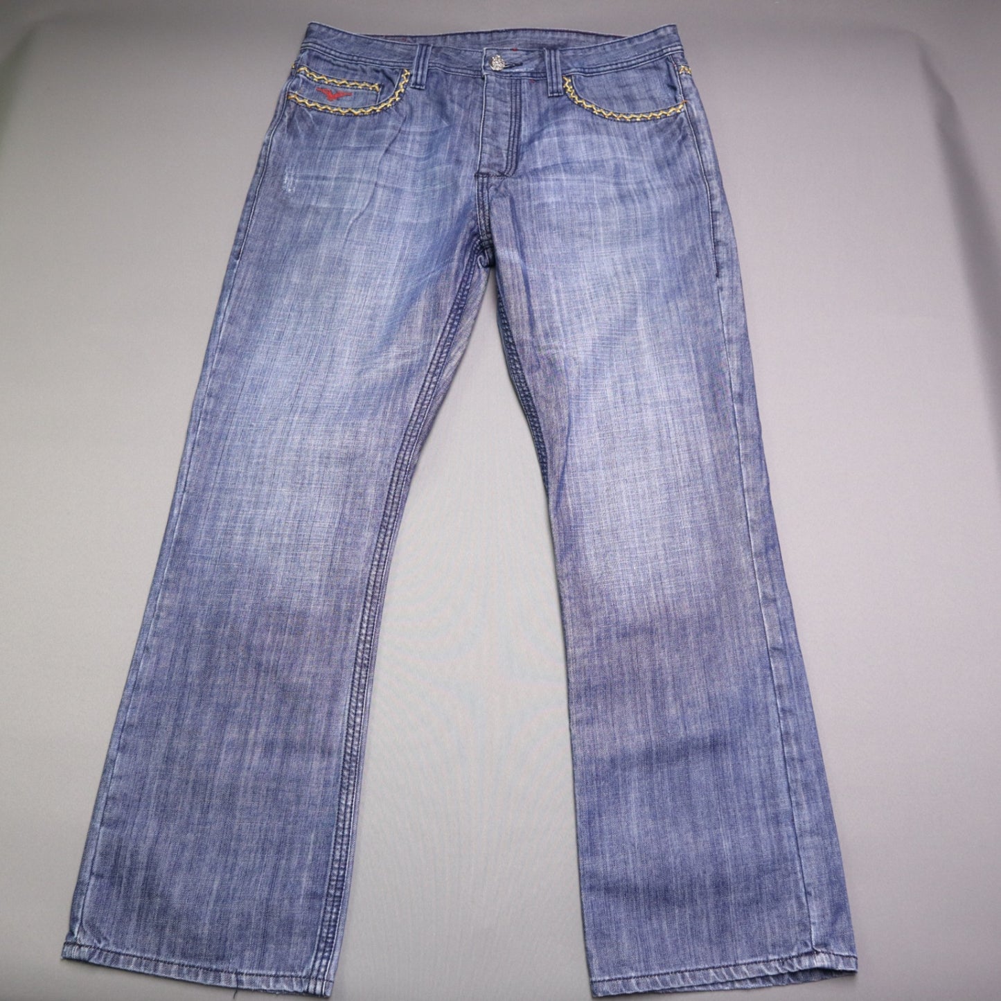 ANIKI Raw & Elegant Mens Jeans Sz 38 Heavy Stitch Distressed Straight Blue