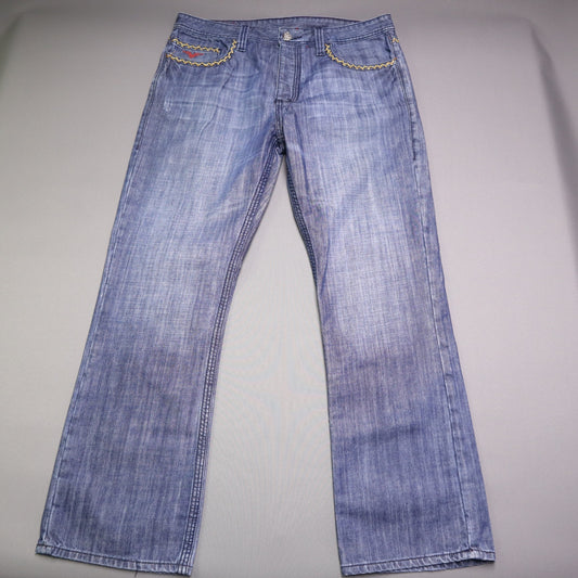 ANIKI Raw & Elegant Mens Jeans Sz 38 Heavy Stitch Distressed Straight Blue
