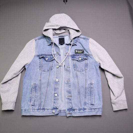 New Look Mens Hooded Denim Jacket Size L Light Wash Soho NRV Patch Sweatshirt Sleeve