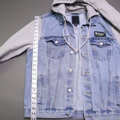 New Look Mens Hooded Denim Jacket Size L Light Wash Soho NRV Patch Sweatshirt Sleeve
