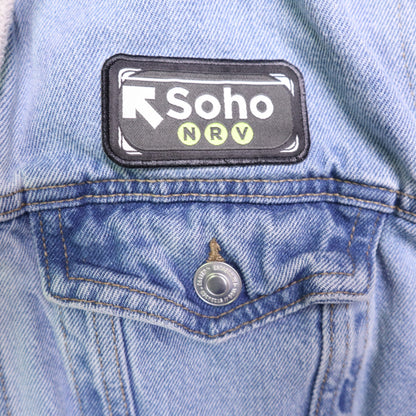 New Look Mens Hooded Denim Jacket Size L Light Wash Soho NRV Patch Sweatshirt Sleeve