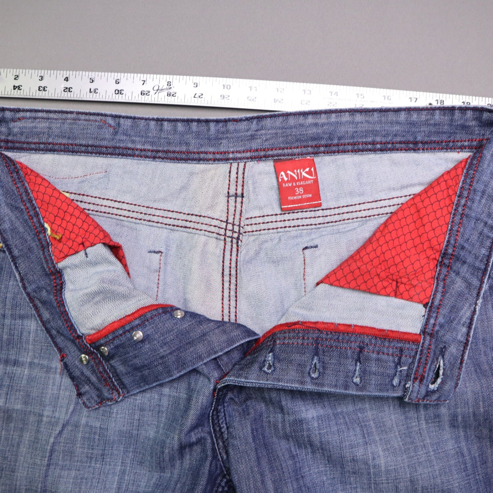 ANIKI Raw & Elegant Mens Jeans Sz 38 Heavy Stitch Distressed Straight Blue