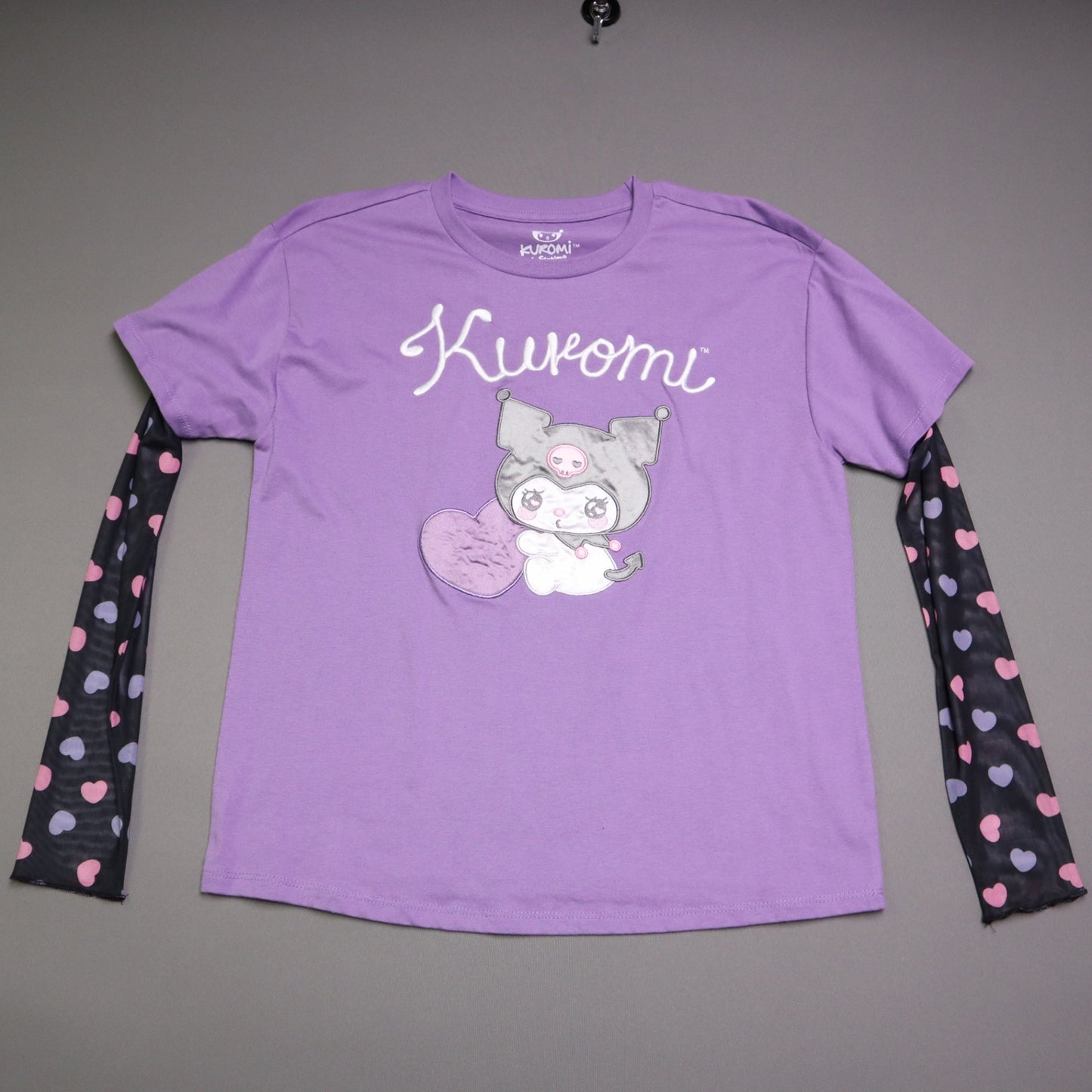 Sanrio Kuromi BoxLunch Top Small Purple Embroidered Heart Sheer Mesh Sleeve Shirt
