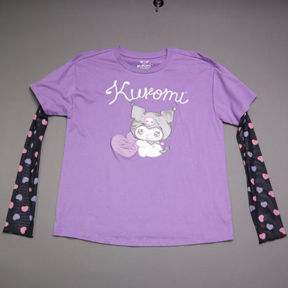 Sanrio Kuromi BoxLunch Top Small Purple Embroidered Heart Sheer Mesh Sleeve Shirt