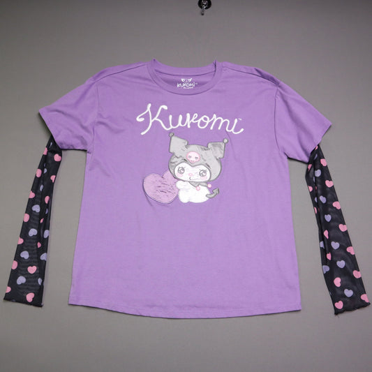 Sanrio Kuromi BoxLunch Top Small Purple Embroidered Heart Sheer Mesh Sleeve Shirt