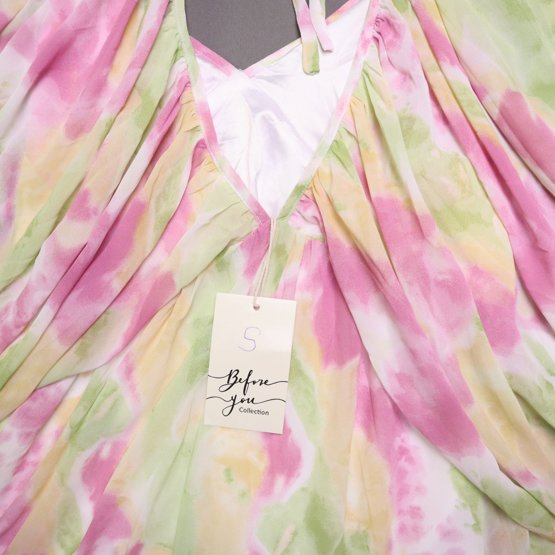 Before You Collection Watercolor Tie Dye Mini Dress Small Pink Yellow Green NWT