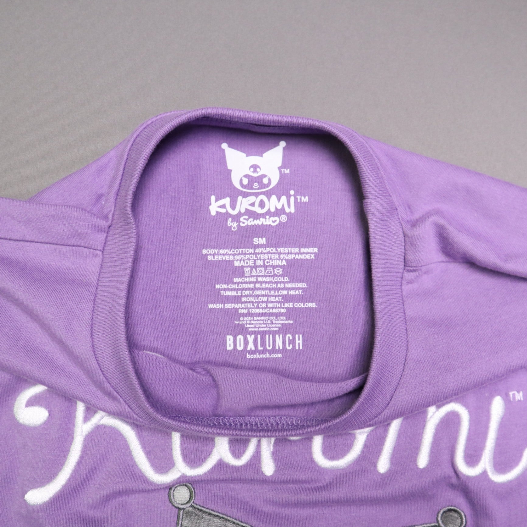 Sanrio Kuromi BoxLunch Top Small Purple Embroidered Heart Sheer Mesh Sleeve Shirt