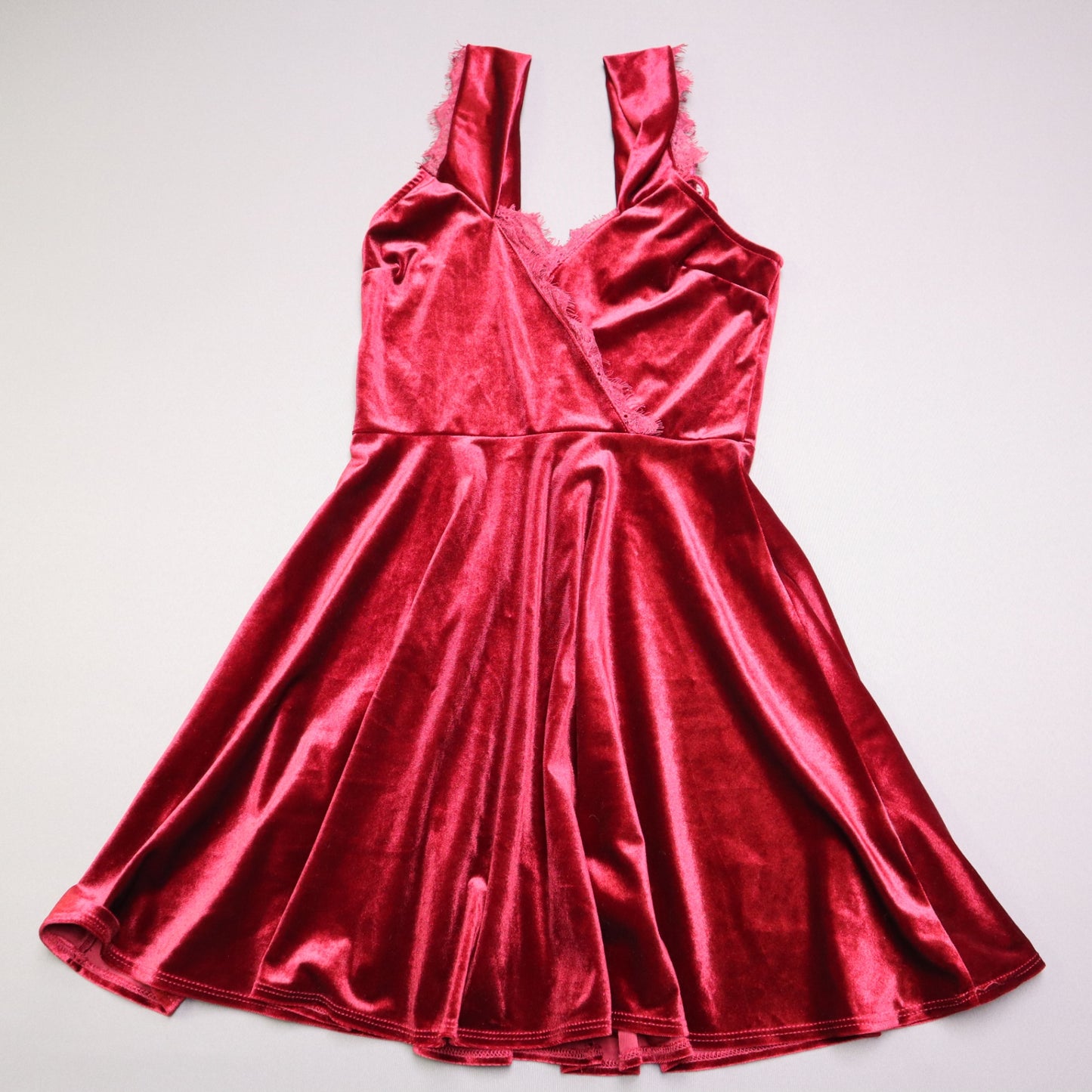 Lulus Red Velvet Sleeveless Surplice Lace Trim Skater Mini Dress Medium Holiday