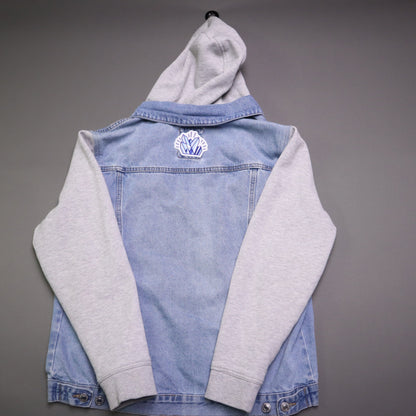 New Look Mens Hooded Denim Jacket Size L Light Wash Soho NRV Patch Sweatshirt Sleeve