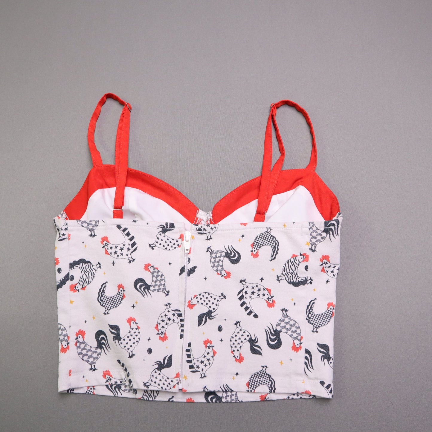 Unique Vintage Womens S White Chicken Rooster Print Bustier Crop Top Retro Pinup
