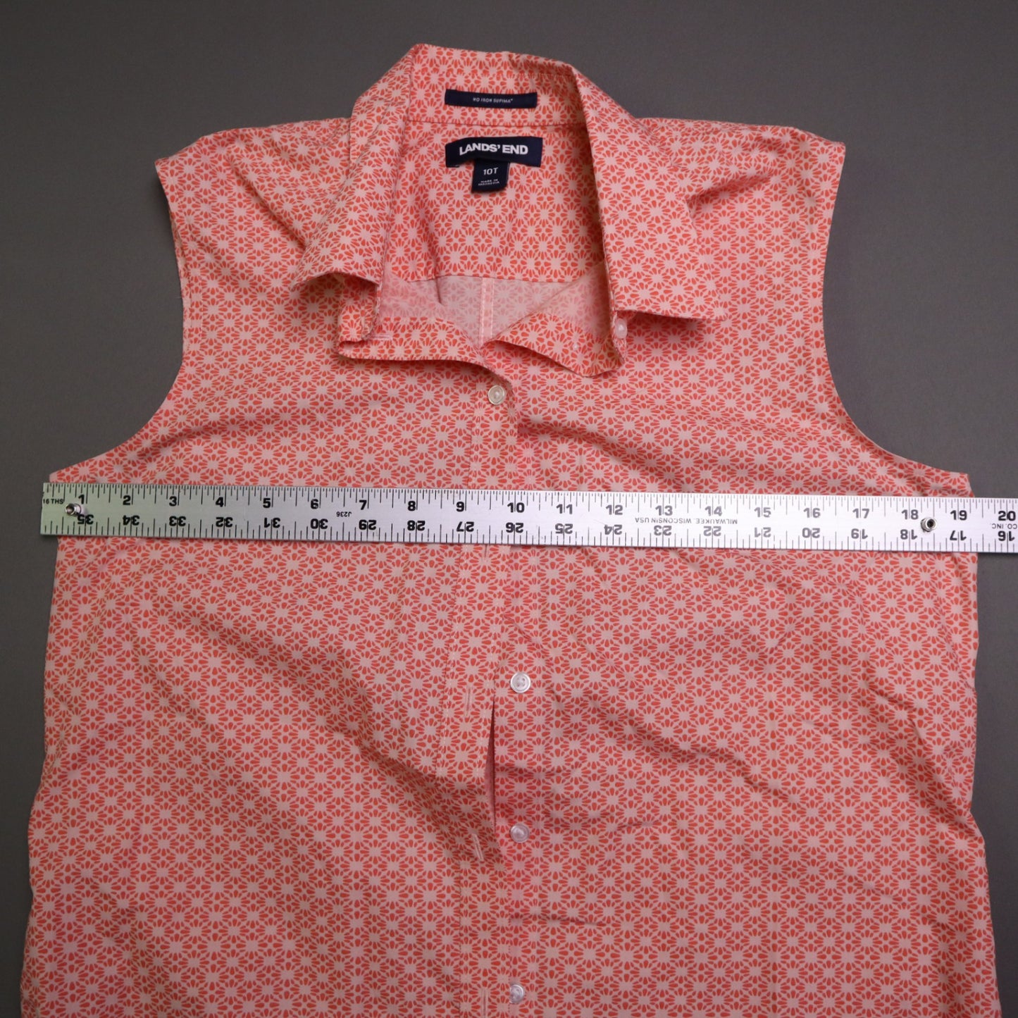 Lands End Womens Tall 10T No Iron Supima Cotton Sleeveless Shirt Coral Pink Geometric
