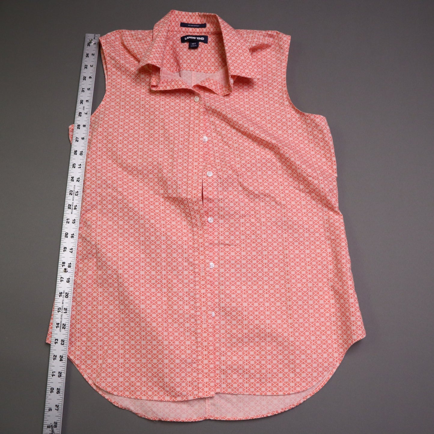 Lands End Womens Tall 10T No Iron Supima Cotton Sleeveless Shirt Coral Pink Geometric