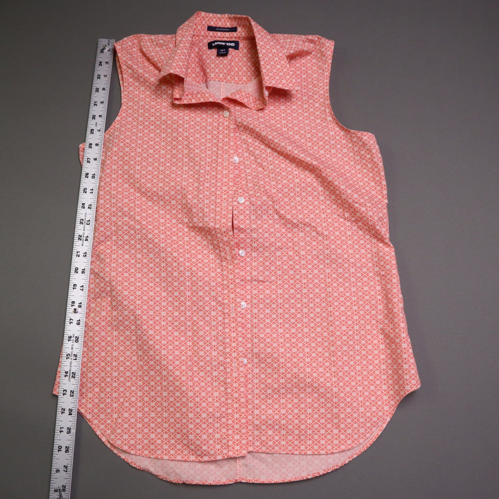 Lands End Womens Tall 10T No Iron Supima Cotton Sleeveless Shirt Coral Pink Geometric