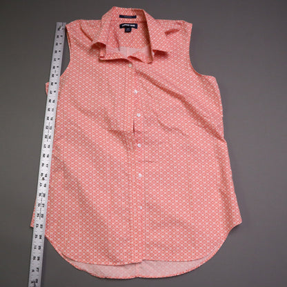 Lands End Womens Tall 10T No Iron Supima Cotton Sleeveless Shirt Coral Pink Geometric