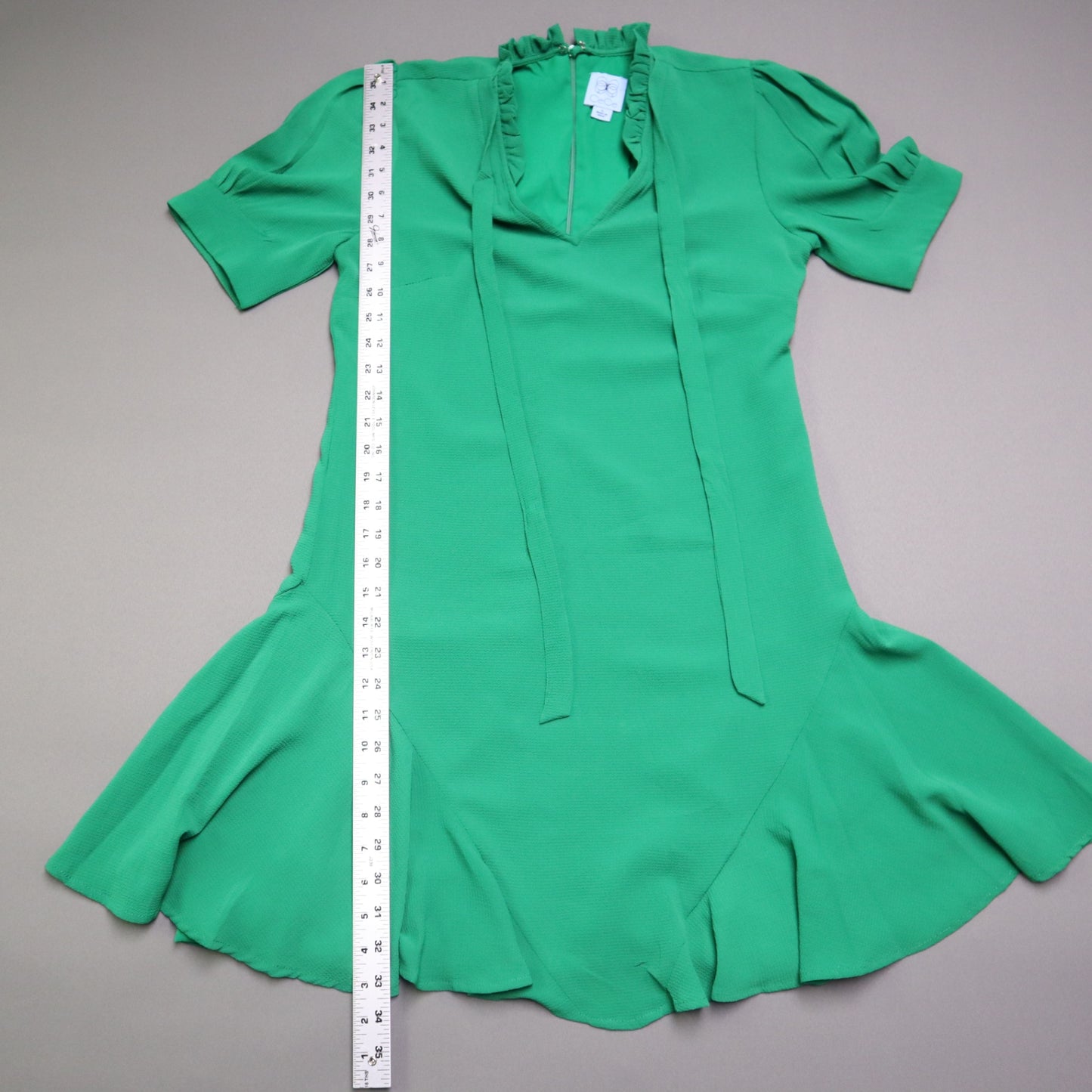CeCe Womens Small Green Ruffle Neck Tie Front Drop Waist Flounce Hem Mini Dress