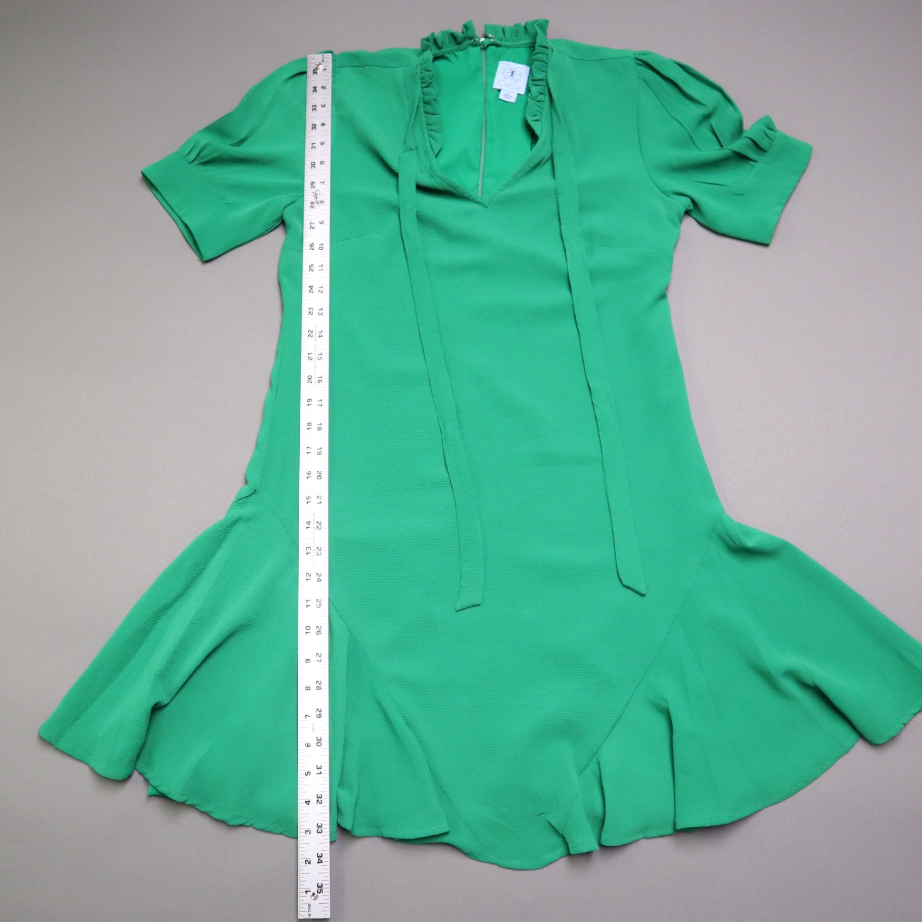 CeCe Womens Small Green Ruffle Neck Tie Front Drop Waist Flounce Hem Mini Dress