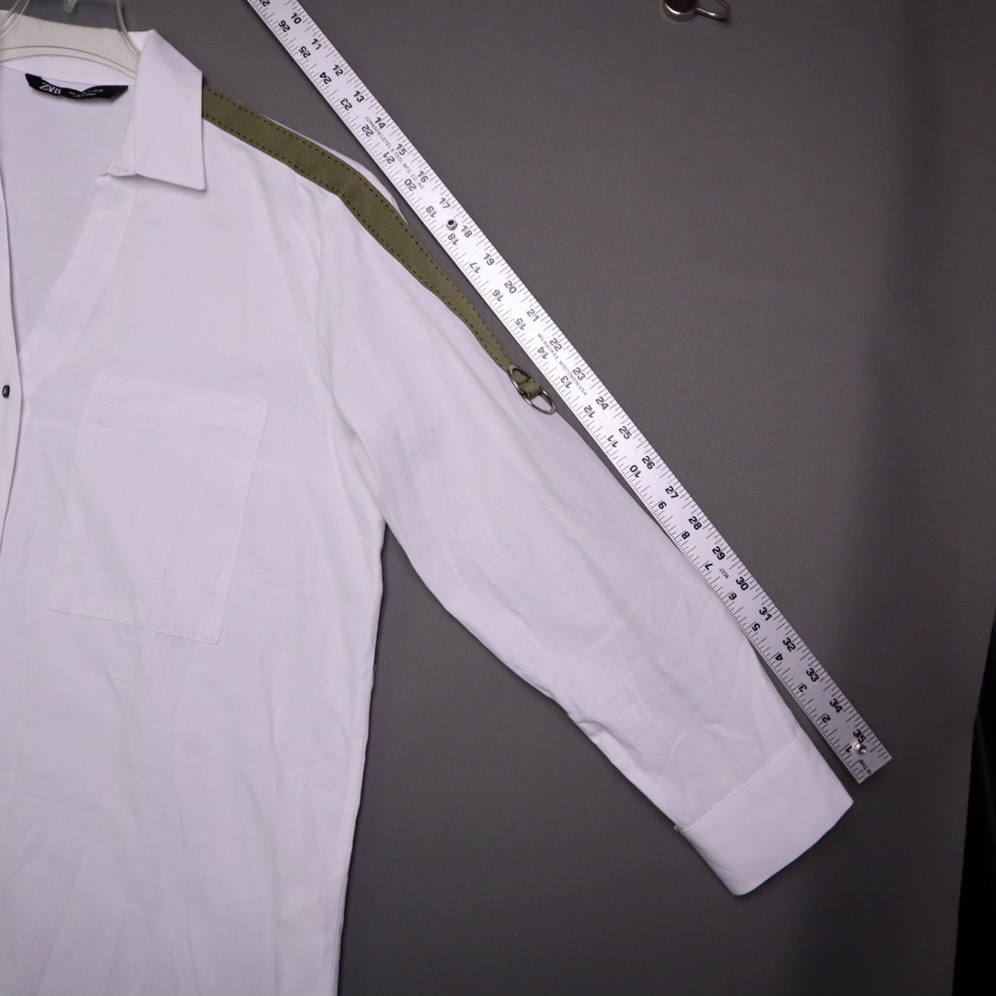 Zara Womens Small White Military Stripe Roll Tab Sleeve Oversized Tunic Shirt S