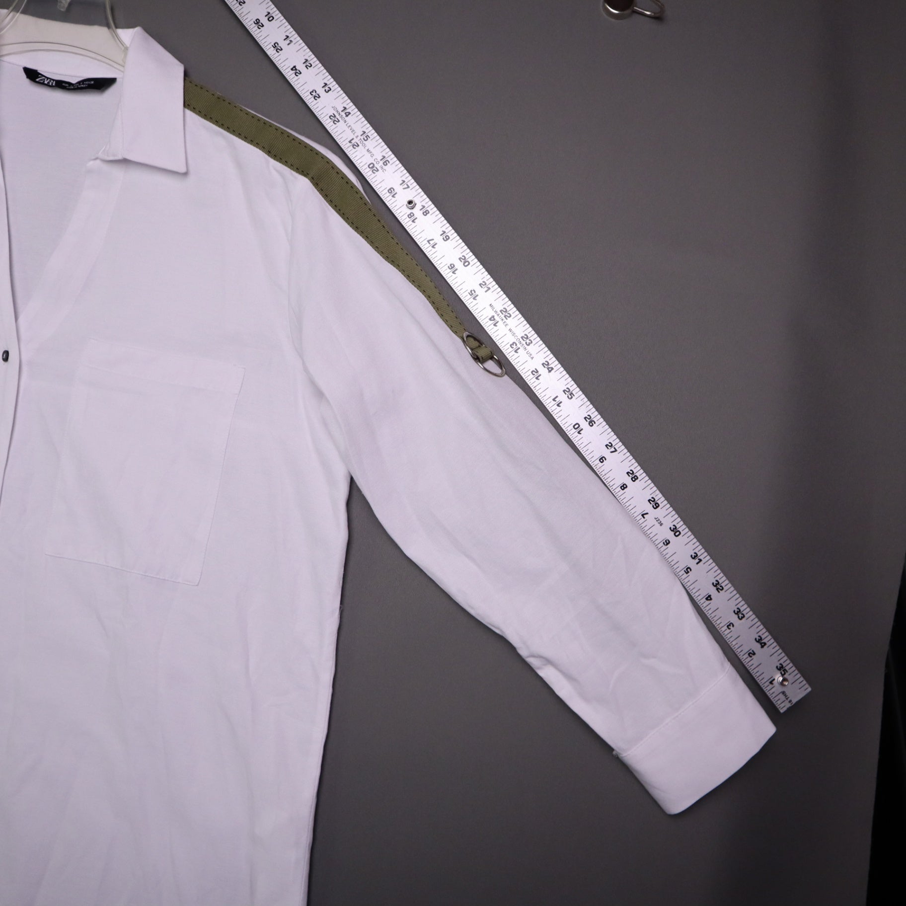 Zara Womens Small White Military Stripe Roll Tab Sleeve Oversized Tunic Shirt S