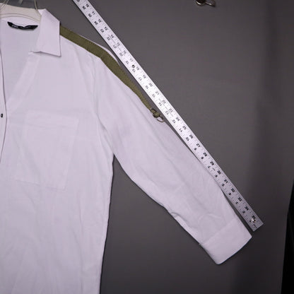 Zara Womens Small White Military Stripe Roll Tab Sleeve Oversized Tunic Shirt S