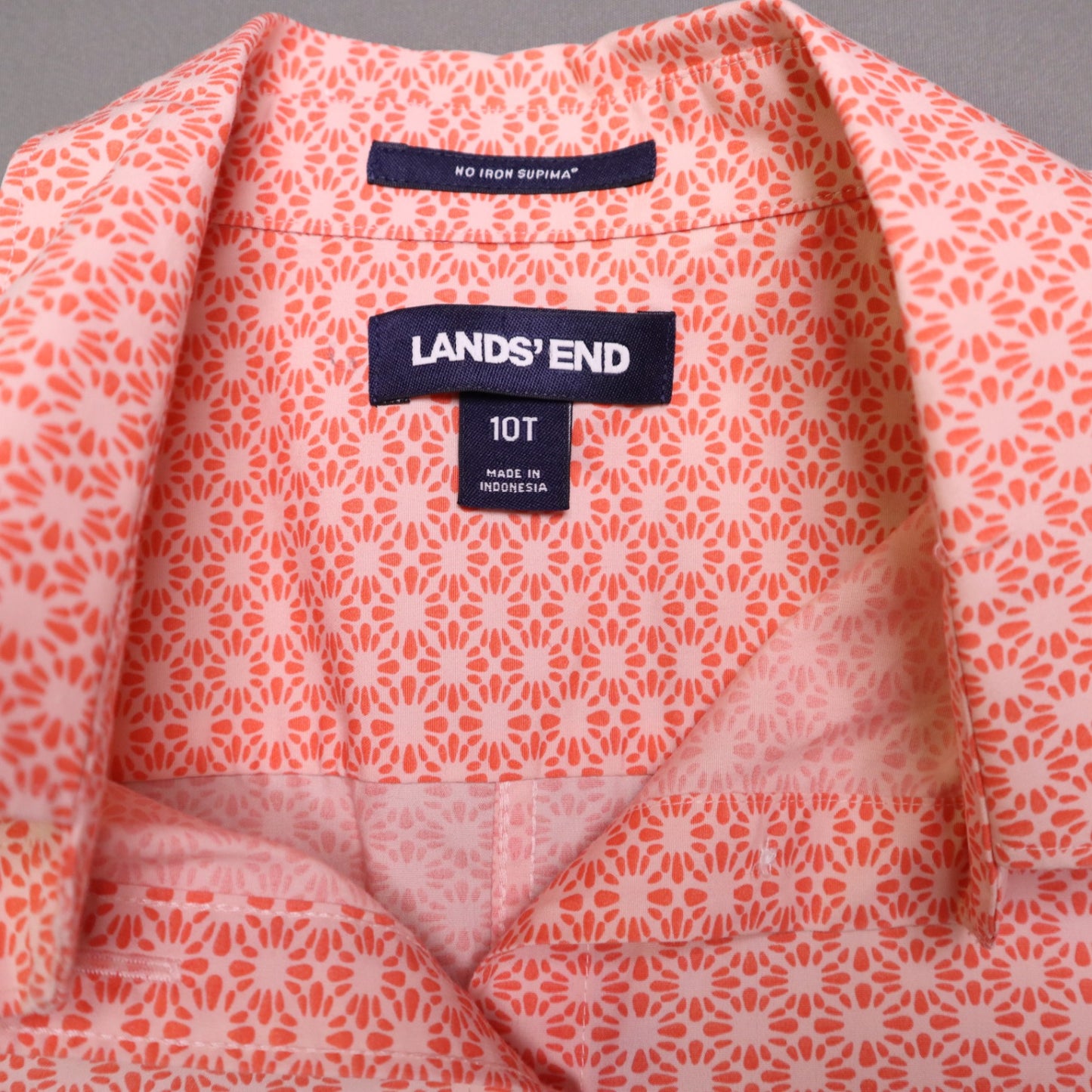 Lands End Womens Tall 10T No Iron Supima Cotton Sleeveless Shirt Coral Pink Geometric