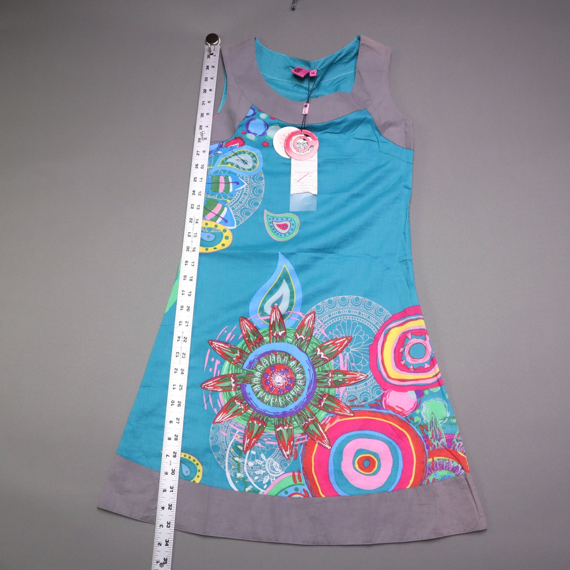 NWT Coton du Monde Womens Size 36 Small Blue Graphic Floral Psychedelic Mini Dress