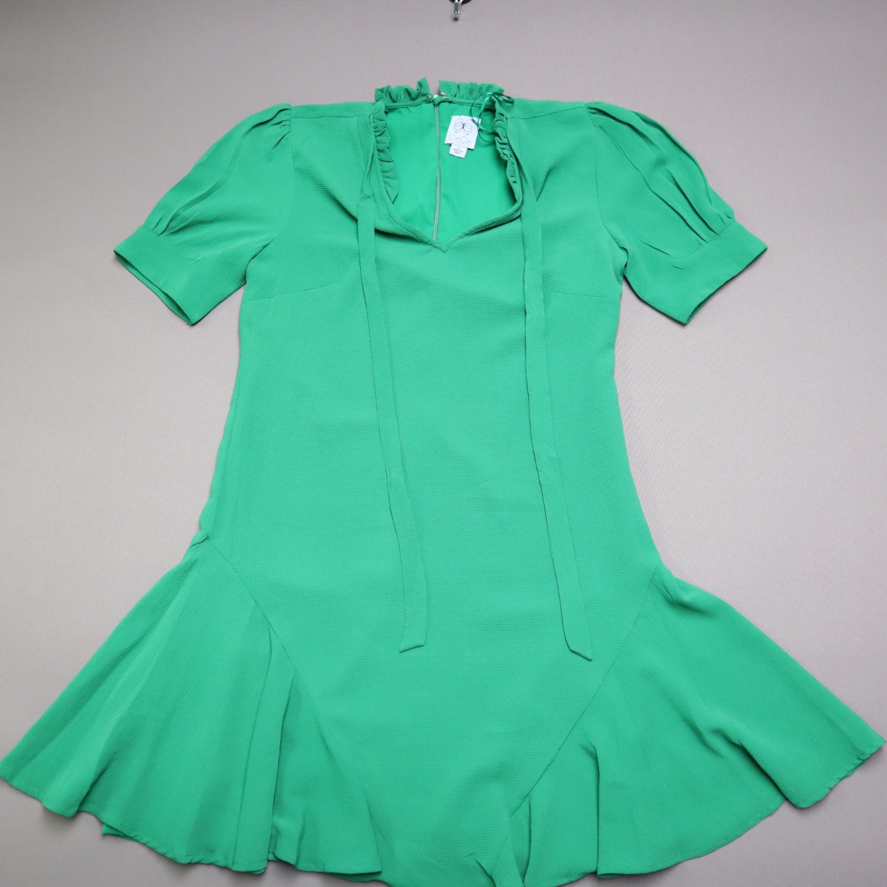 CeCe Womens Small Green Ruffle Neck Tie Front Drop Waist Flounce Hem Mini Dress