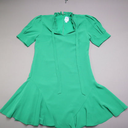 CeCe Womens Small Green Ruffle Neck Tie Front Drop Waist Flounce Hem Mini Dress