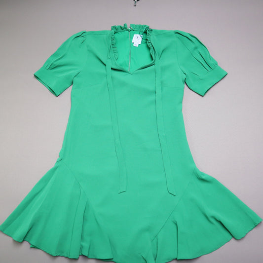 CeCe Womens Small Green Ruffle Neck Tie Front Drop Waist Flounce Hem Mini Dress