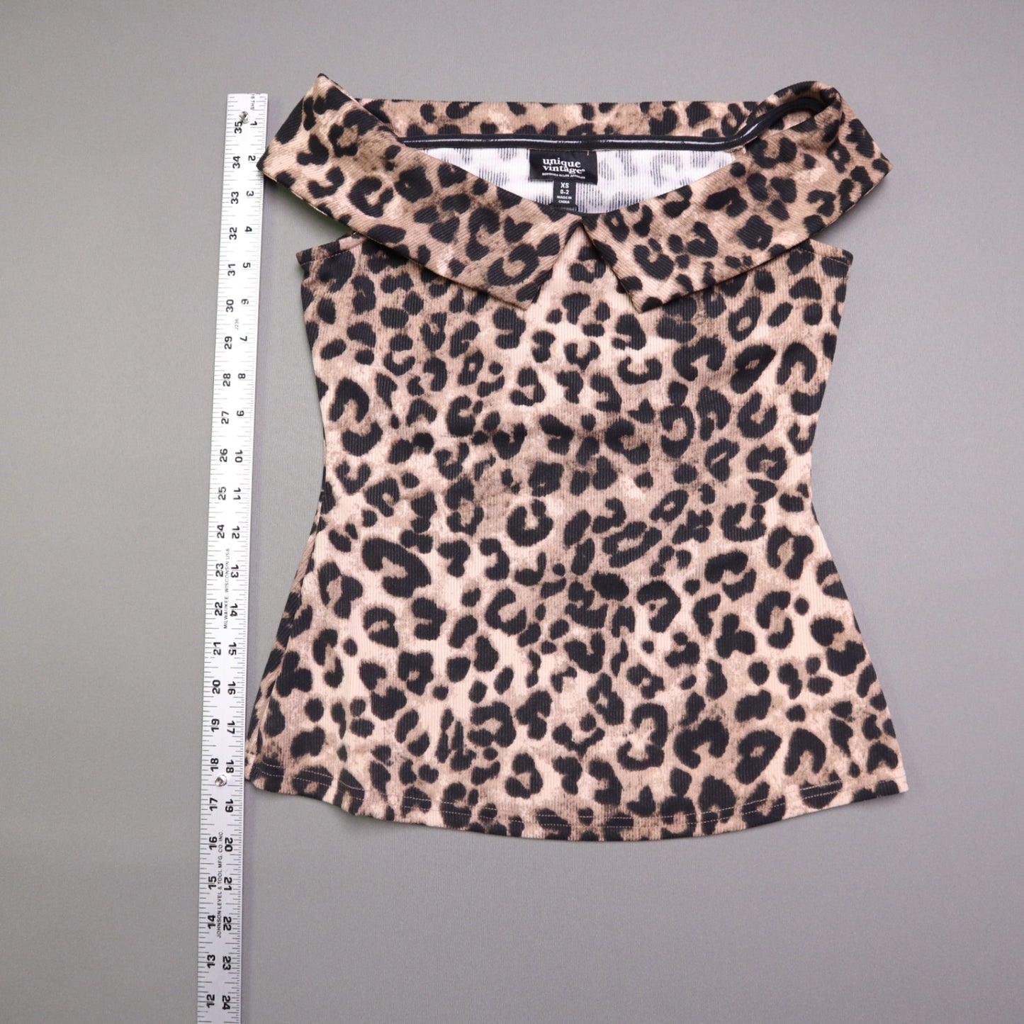 NWT Unique Vintage Womens XS Leopard Print Off Shoulder Foldover Collar Knit Top