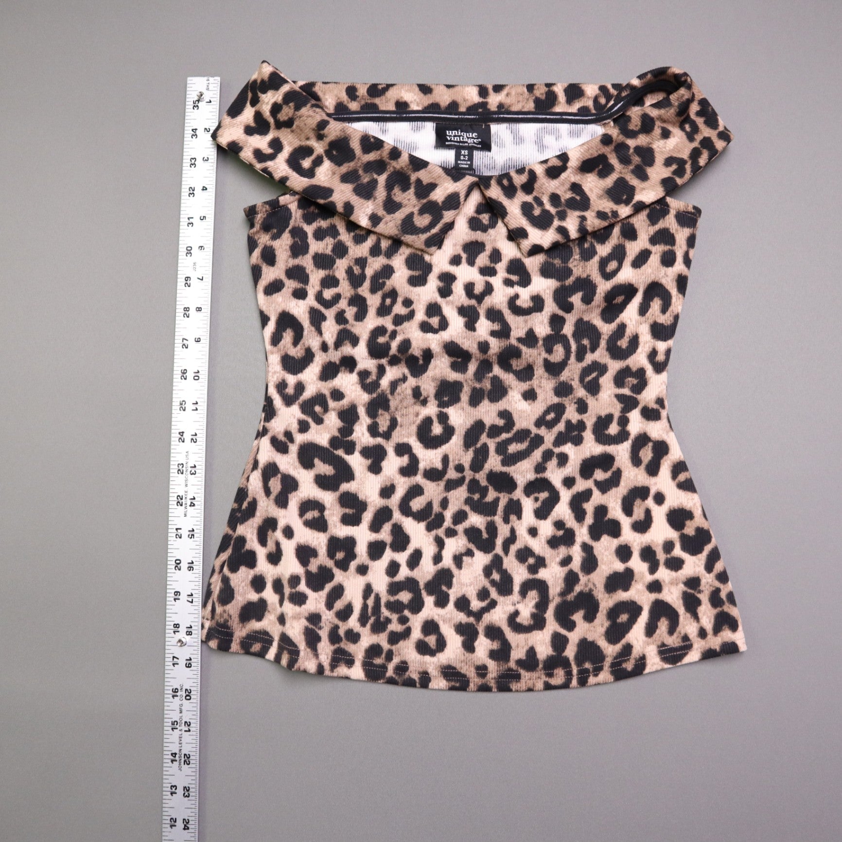 NWT Unique Vintage Womens XS Leopard Print Off Shoulder Foldover Collar Knit Top