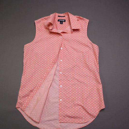 Lands End Womens Tall 10T No Iron Supima Cotton Sleeveless Shirt Coral Pink Geometric