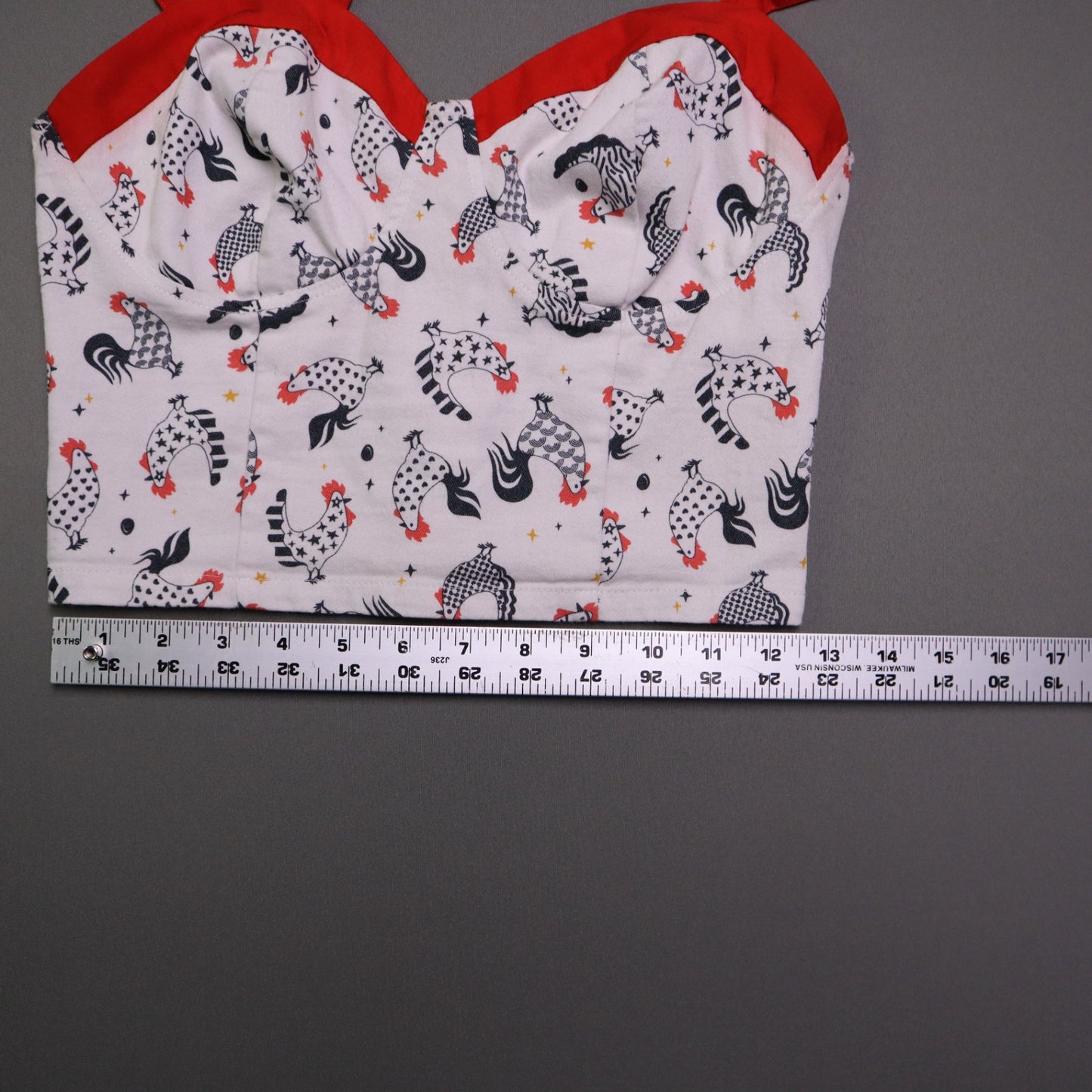 Unique Vintage Womens S White Chicken Rooster Print Bustier Crop Top Retro Pinup