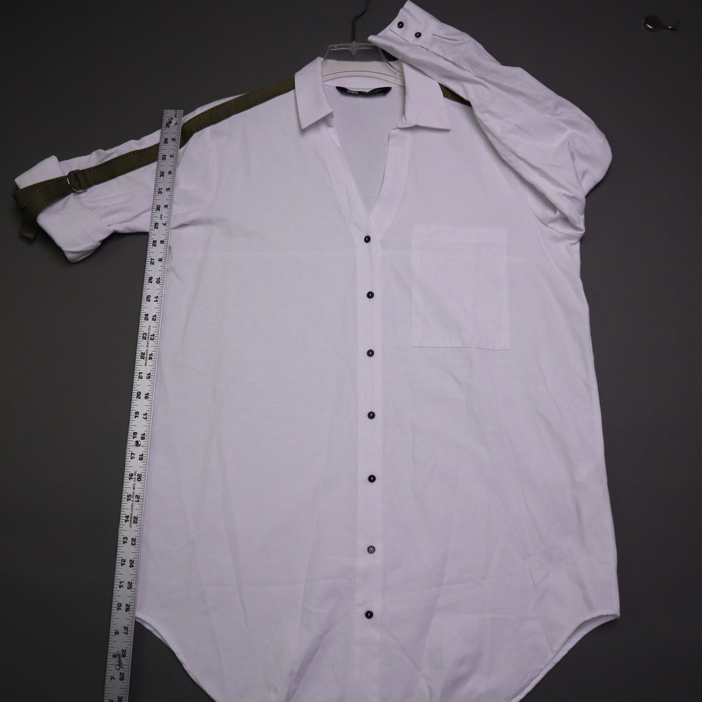 Zara Womens Small White Military Stripe Roll Tab Sleeve Oversized Tunic Shirt S