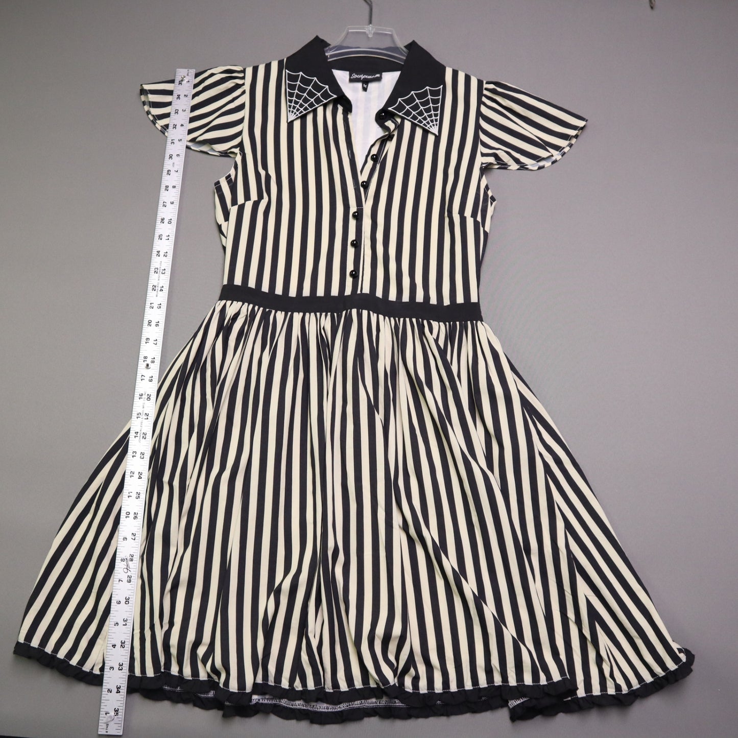 Sourpuss Womens Medium Black White Stripe Spiderweb Embroidered Collar Dress M