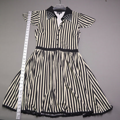 Sourpuss Womens Medium Black White Stripe Spiderweb Embroidered Collar Dress M