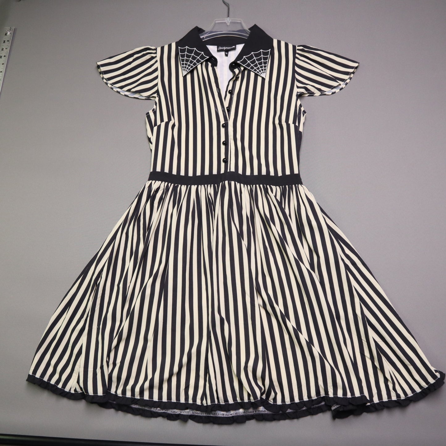 Sourpuss Womens Medium Black White Stripe Spiderweb Embroidered Collar Dress M