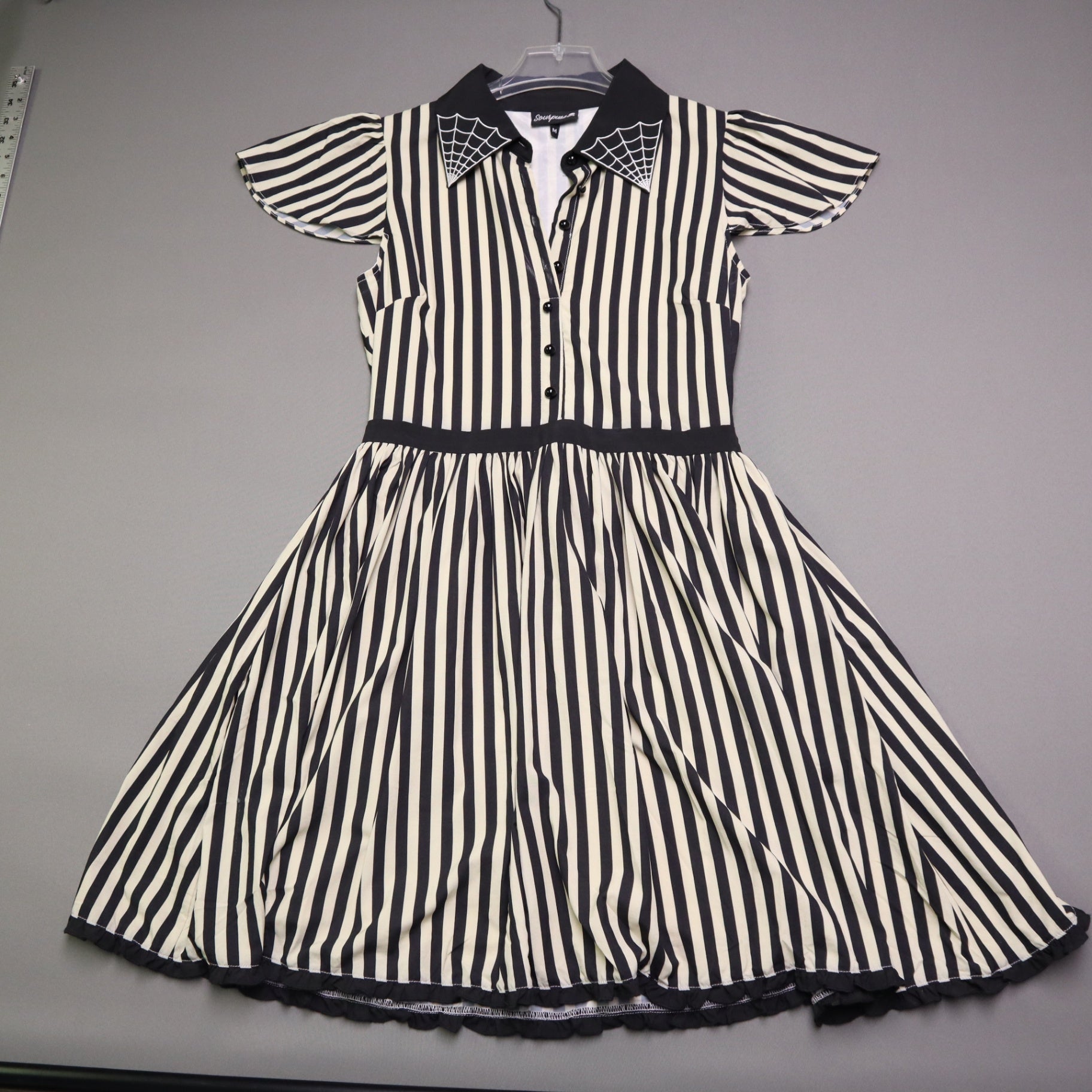 Sourpuss Womens Medium Black White Stripe Spiderweb Embroidered Collar Dress M