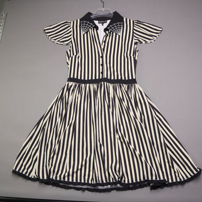 Sourpuss Womens Medium Black White Stripe Spiderweb Embroidered Collar Dress M