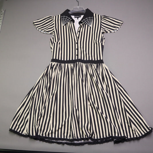 Sourpuss Womens Medium Black White Stripe Spiderweb Embroidered Collar Dress M