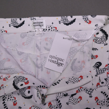 Unique Vintage Womens Medium M 6-8 White Chicken Rooster Print Pants NWT Retro
