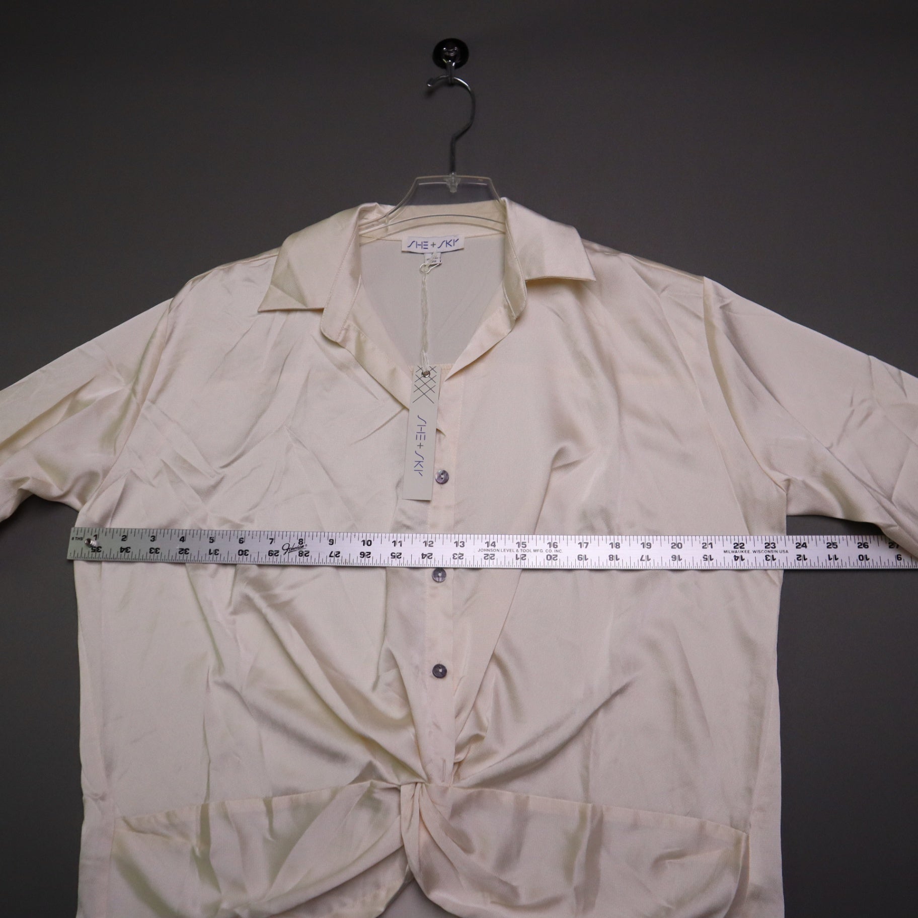 NWT SHE SKY Womens Small Cream Satin Twist Front Button Down Blouse Long Sleeve
